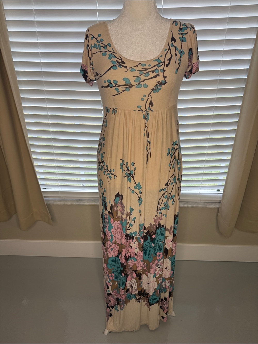 Beige Floral Maxi Dress with Teal & Pink Accents